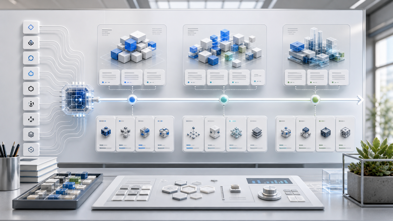 An AIWG operations timeline with abstract release markers, agent capability panels, documentation cards, and integration nodes arranged across a clean technical control surface.