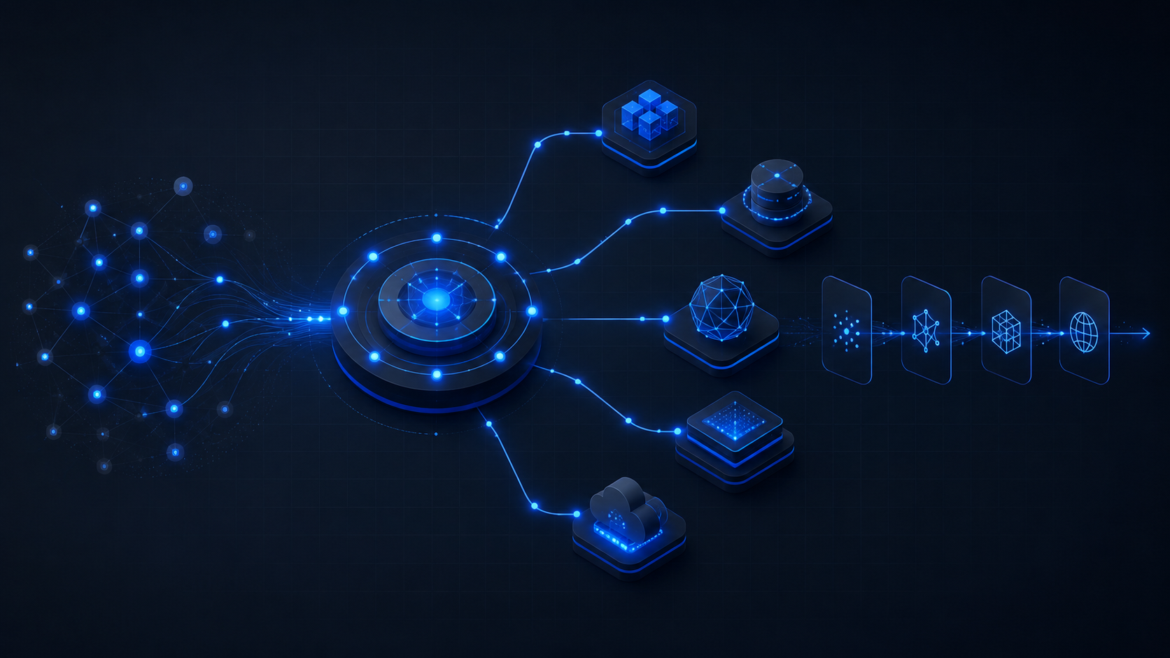 A multi-platform AI deployment framework: a central hub linked to distinct provider nodes, a knowledge cluster, and a pipeline