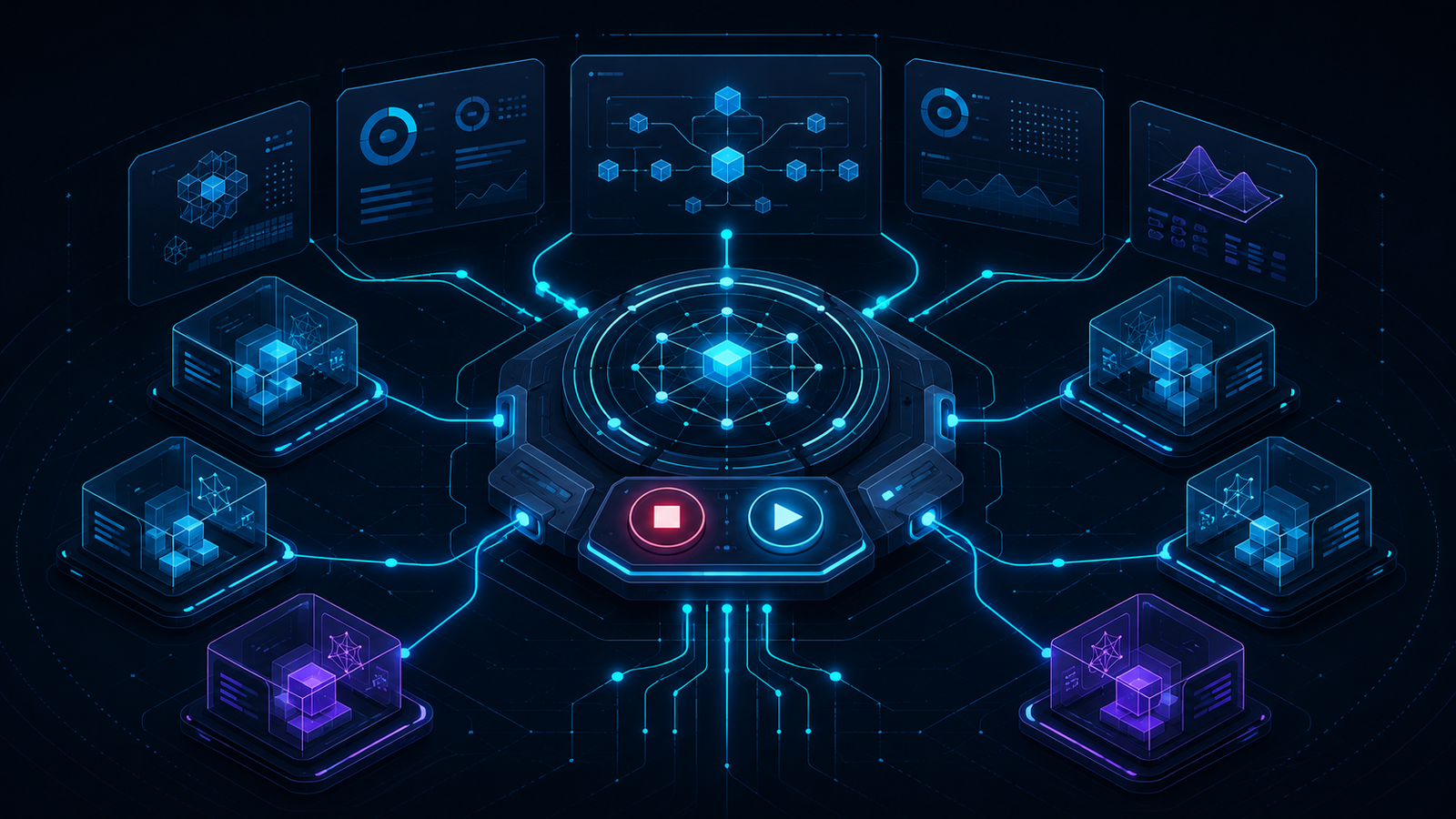 An operator's control console for AI coding agents: glowing dashboard panels and orchestration nodes wired to a central hub with a clear stop/approve control.