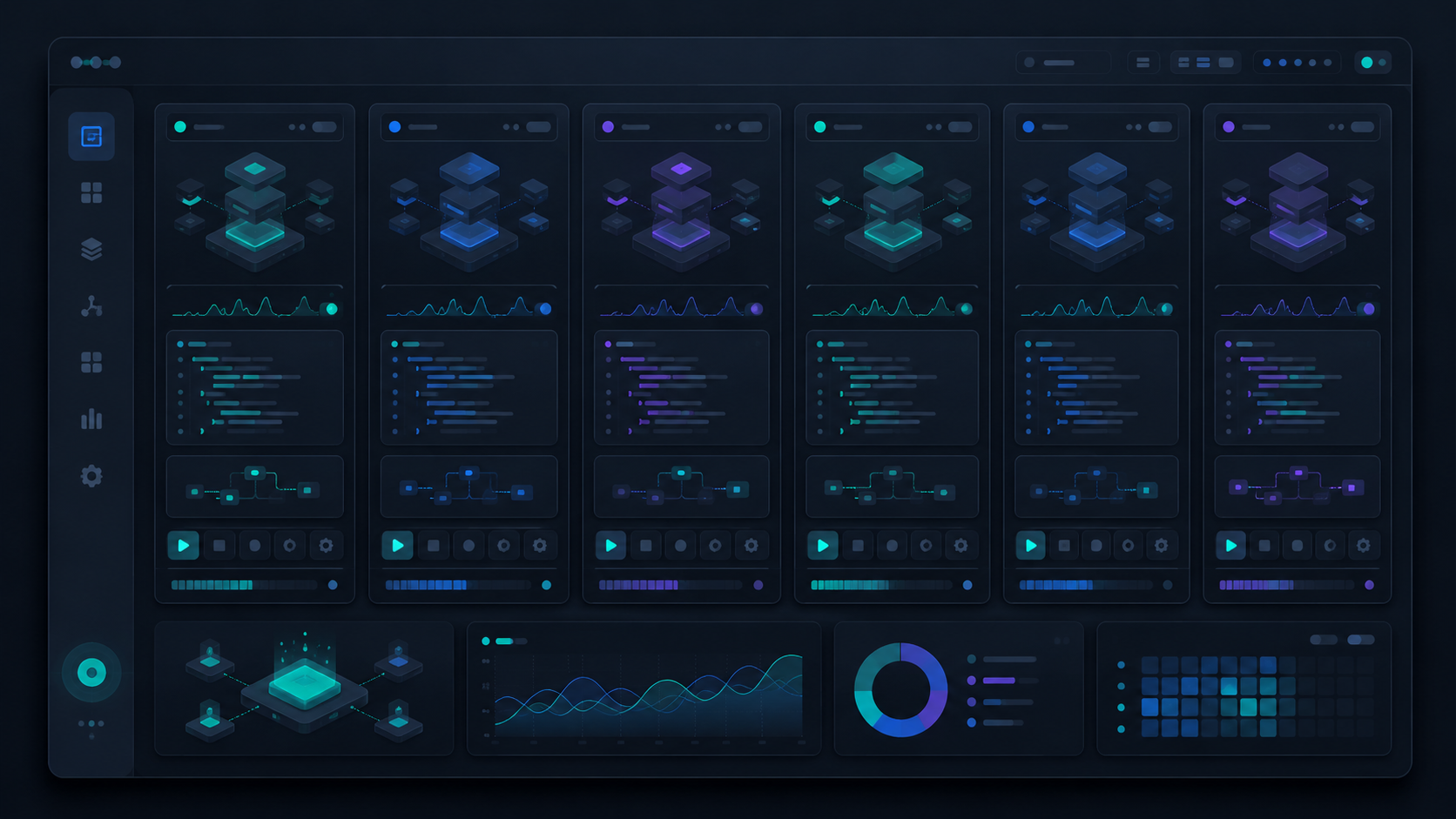 Concept art of the AIWG Cockpit: a dark operator-wall dashboard showing several live agent-stack panels side by side, one unified view over many concurrent agent sessions